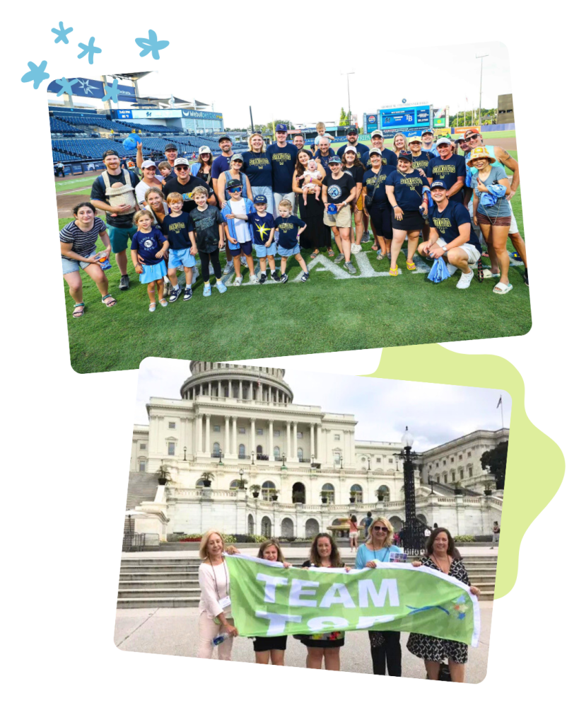 Two photos in a collage with a green abstract circle in the background. Top photo shows a group of Turner Syndrome Foundation members at a Miami Marlins baseball game. Bottom photo shows people holding a green awareness sign in front of the U.S. Capital building.