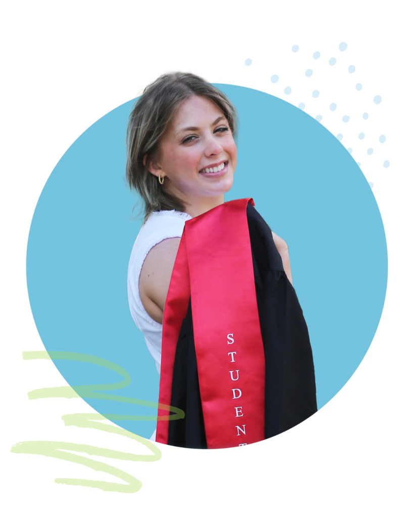 Photo of Calla holding a red high school graduation stole that reads "student athlete."